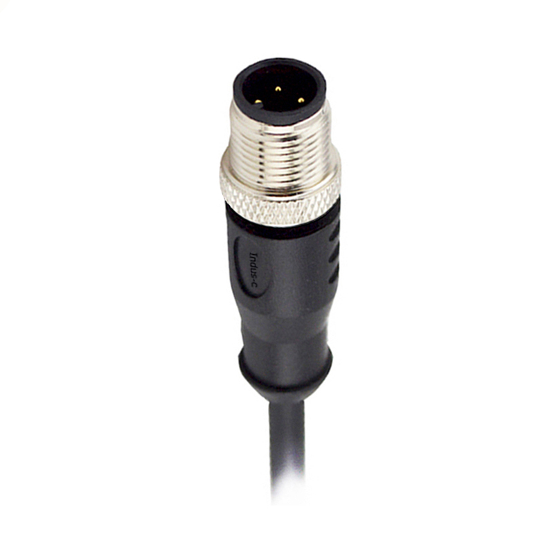 M12 3pins A code male straight molded cable,unshielded,PVC,-40°C~+105°C,22AWG 0.34mm²,brass with nickel plated screw